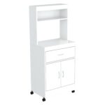 White Finish Wood Microwave Cabinet with Two Doors and Drawer