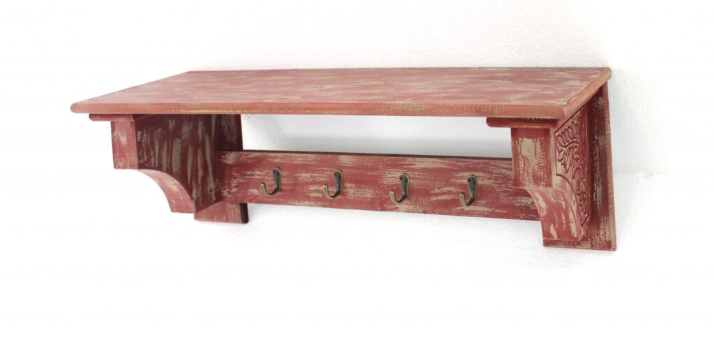 8 x 30 x 9.75 Red Vintage Wooden 4 Metal Hooks – Wall Shelf