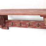8 x 30 x 9.75 Red Vintage Wooden 4 Metal Hooks – Wall Shelf