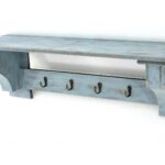 8 x 30 x 9.75 Blue Vintage Wooden 4 Metal Hooks – Wall Shelf