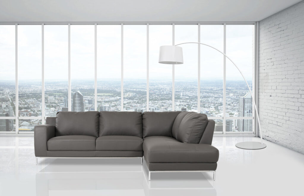 34′ Grey Eco Leather  Foam  Wood  and Steel Right Facing Chaise