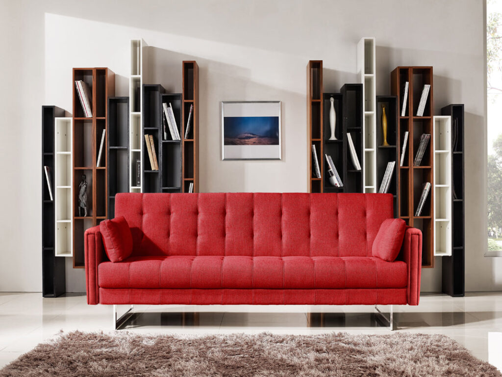 35′ Red Fabric  Foam  Wood  and Steel Sofa Bed