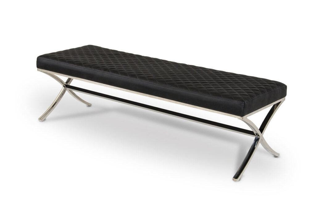 63′ Black Faux Leather and Stainless Steel Bench