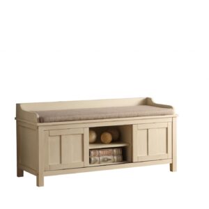 Rectangular Cream Fabric Bench with Covered Storage