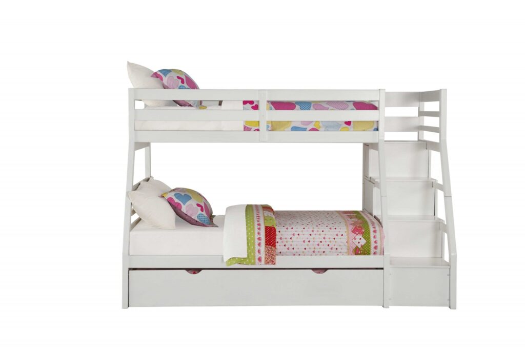 95′ X 56′ X 65′ Twin Over Full White Storage Ladder And Trundle Bunk Bed