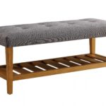 Rectangular Gray Padded Becnh with Oak Finish Legs and Shelf