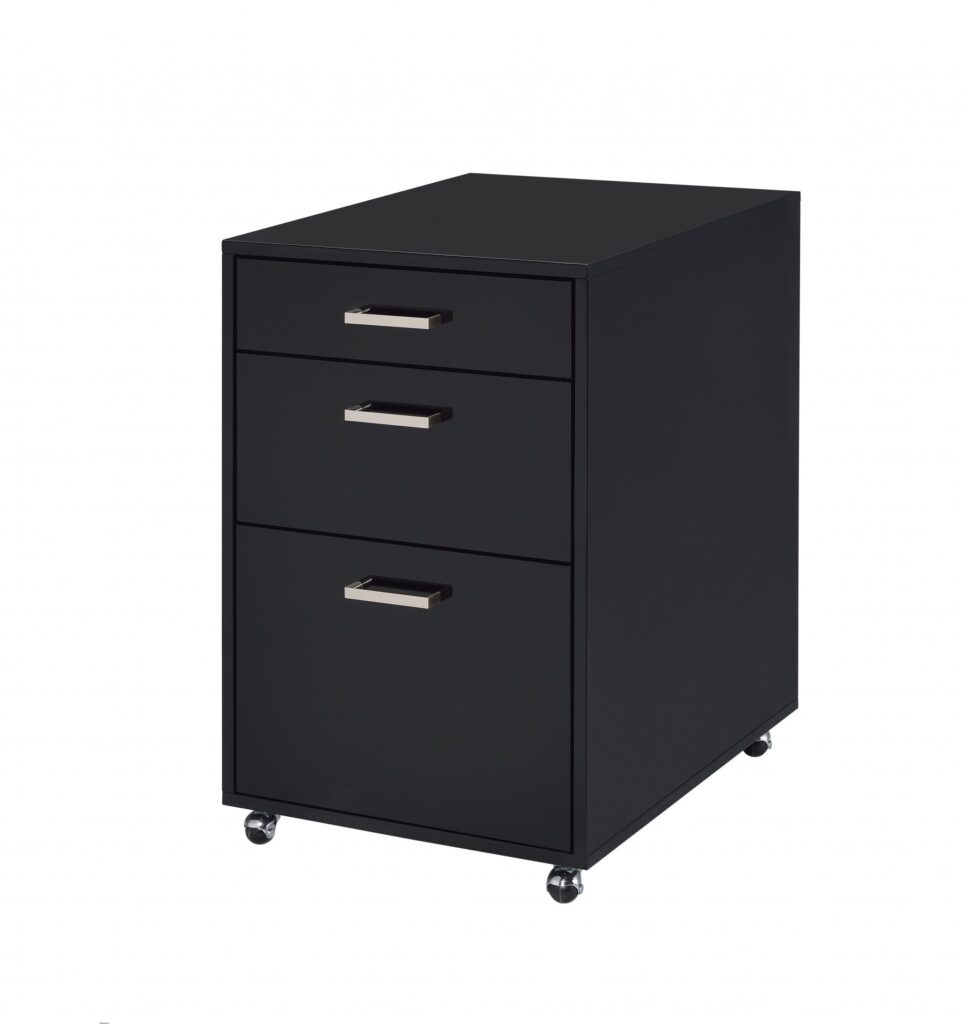 File Cabinet in Black High Gloss and Chrome – Metal Tube, MDF, Poly Ven Black High Gloss and Chrome