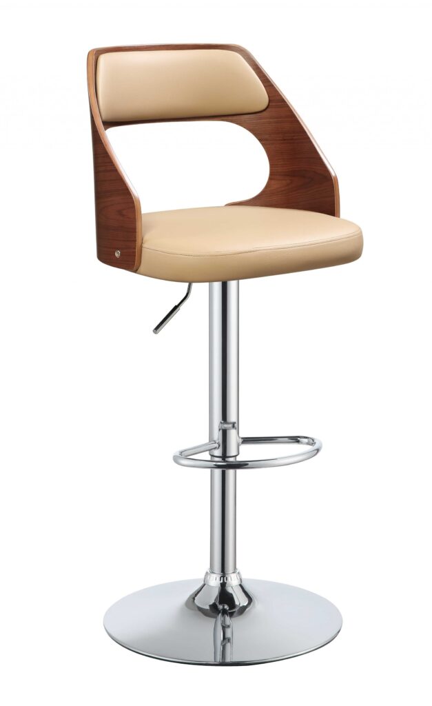 33′ Sleek Walnut and Tan Faux Leather Adjustable Swivel Bar Stool