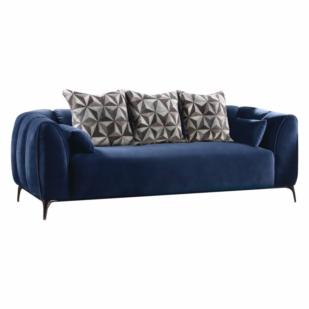 90′ X 42′ X 31′ Blue Velvet Sofa w5 Pillows