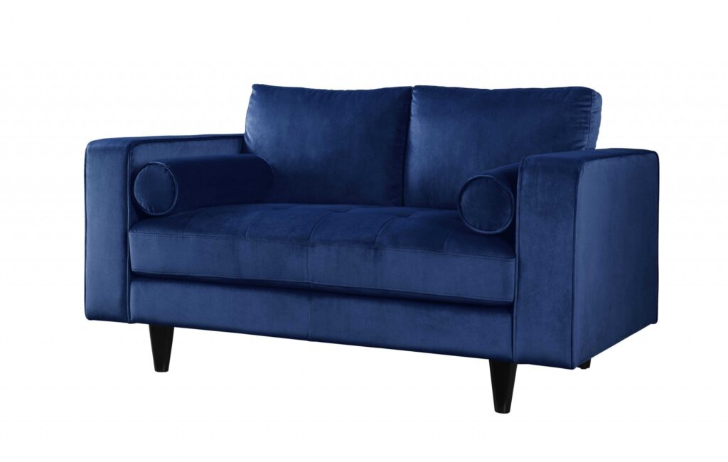 60′ X 38′ X 35′ Navy Velvet Loveseat w2 Pillows