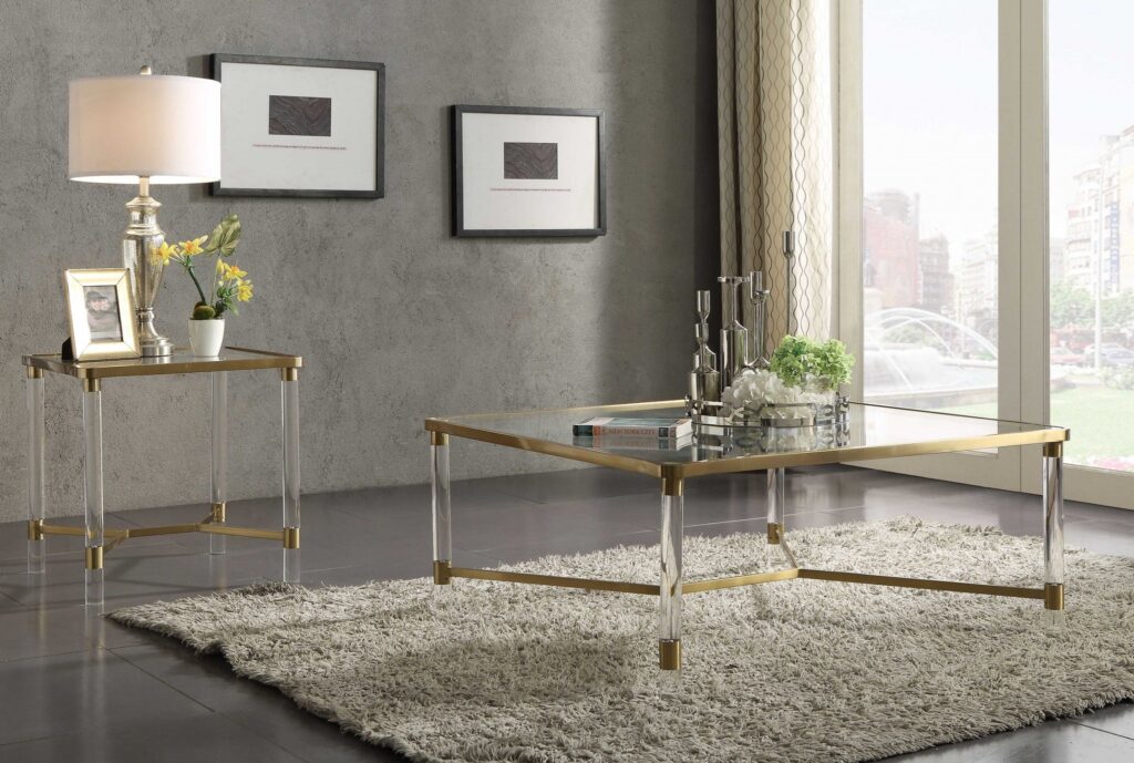 39′ X 39′ X 17′ Clear Acrylic Gold Stainless Steel And Clear Glass Coffee Table