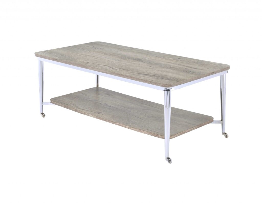 48′ X 24′ X 19′ Gray Oak And Chrome Metal Tube Coffee Table