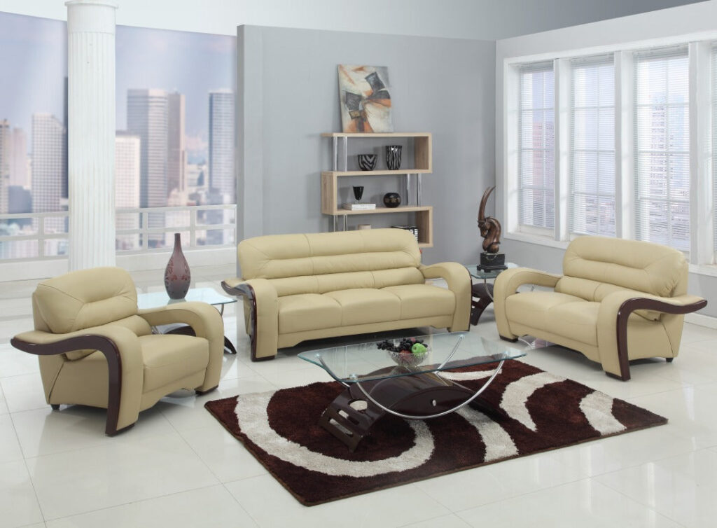99″ Glamorous Beige Leather Sofa Set