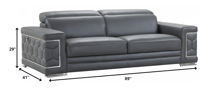 89" Sturdy Dark Gray Leather Sofa