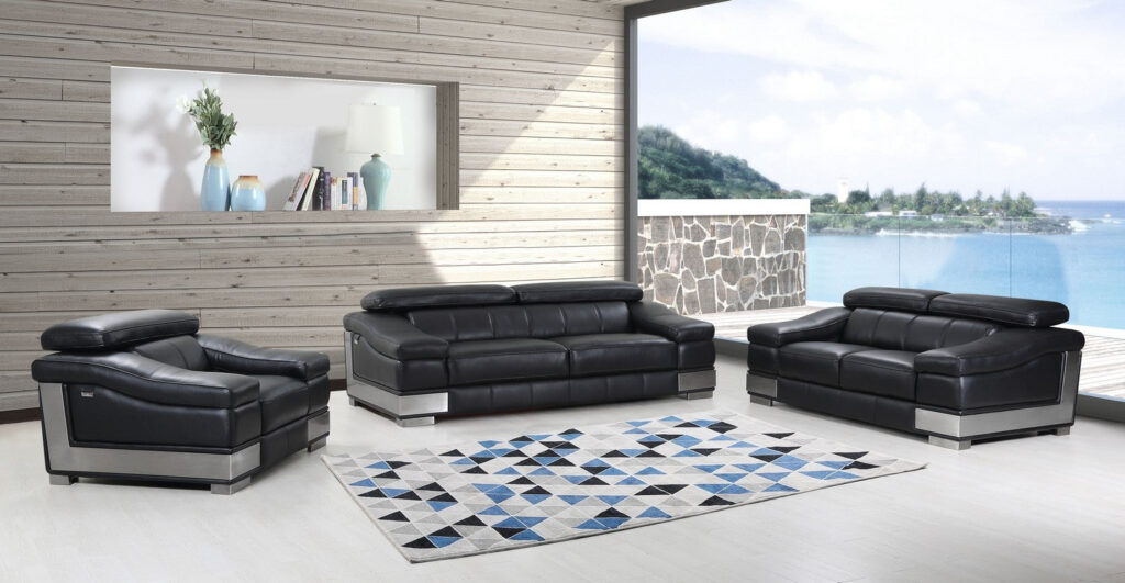 117″ Modern Black Leather Sofa Set