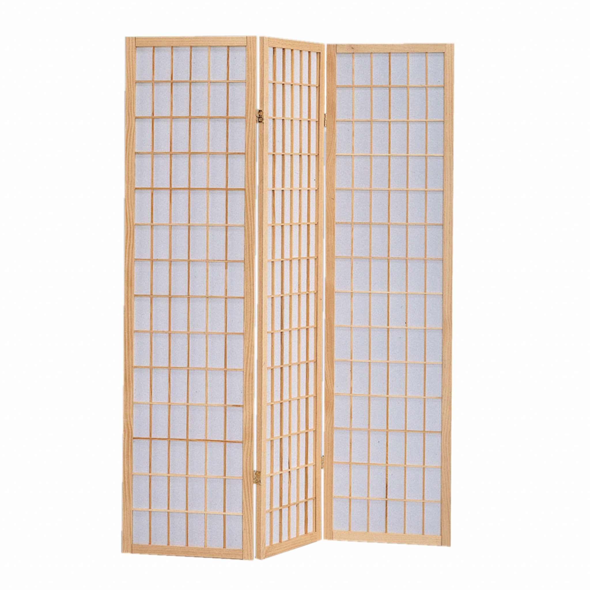 51 x 1 x 70 Natural Brown Shoji And Wood  3 Panel Screen