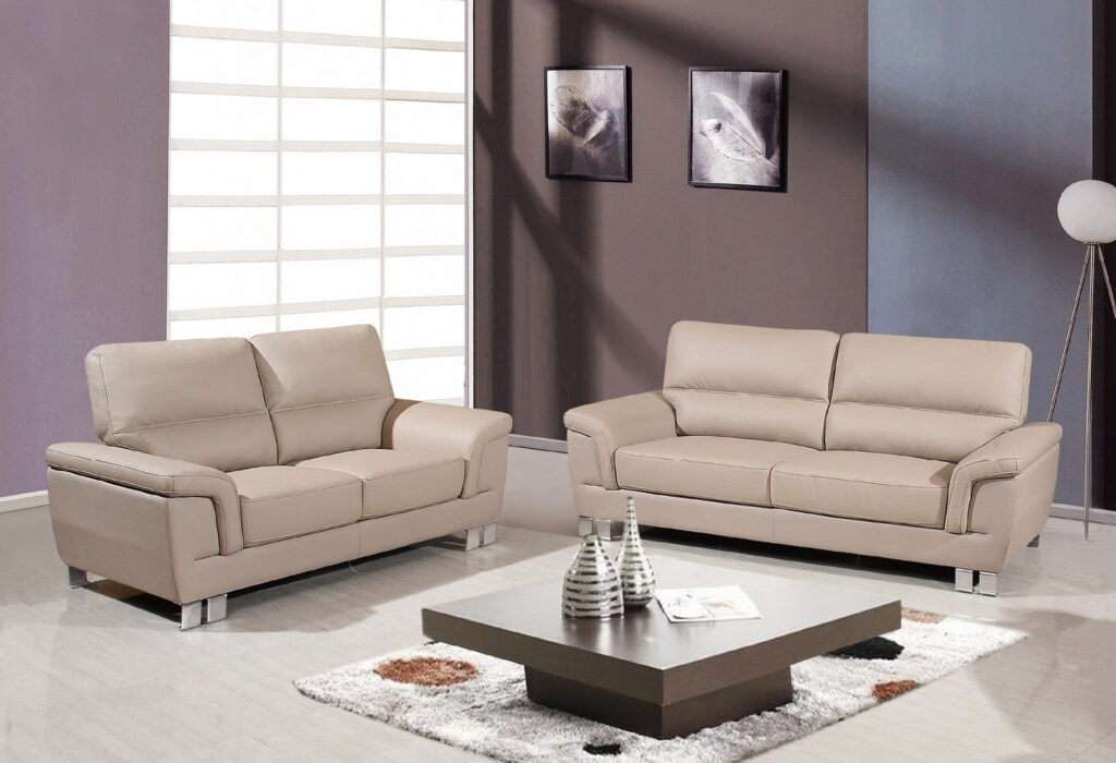 64” X 36”  X 37” Modern Beige Leather Sofa And Loveseat