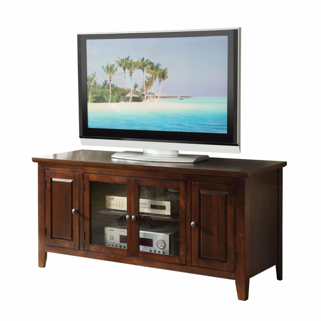 20′ X 55′ X 26′ Chocolate Wood Glass TV Stand for Flat Screen TVs up to 60′