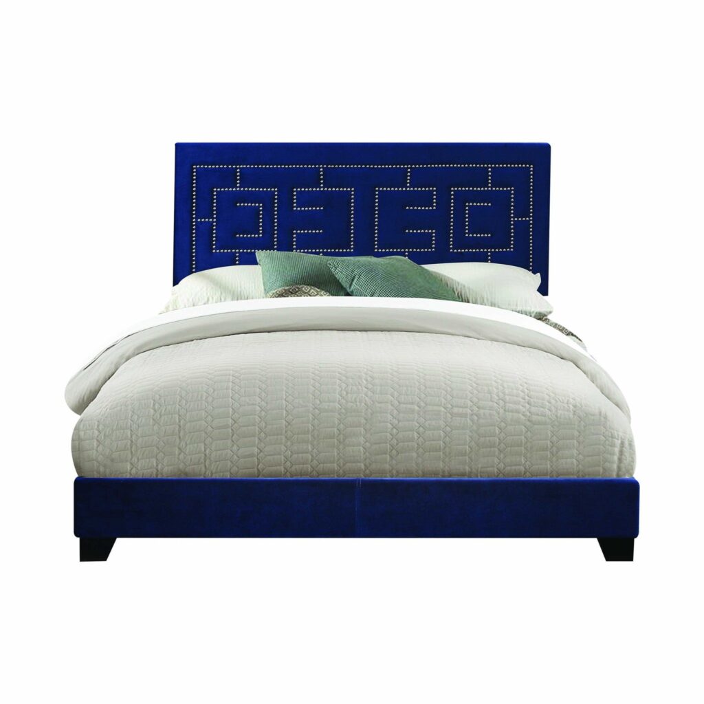 80′ X 86′ X 50′ Dark Blue Velvet Upholstered Bed Wood Leg Eastern King Bed