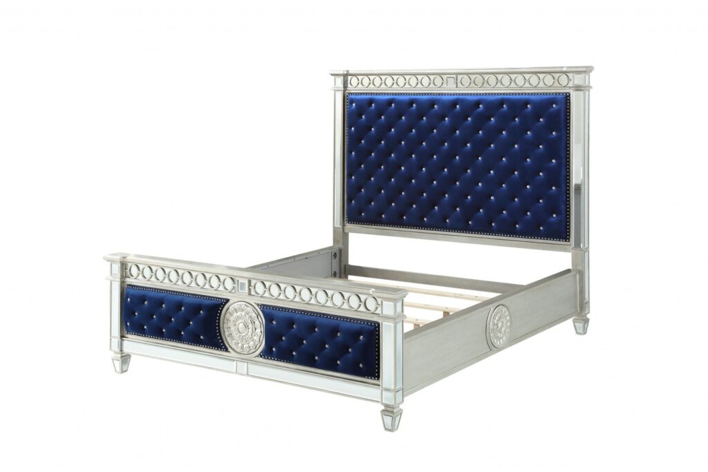 68′ X 90′ X 72′ Blue Velvet Wood Mirror Upholstered (HBFB) Queen Bed