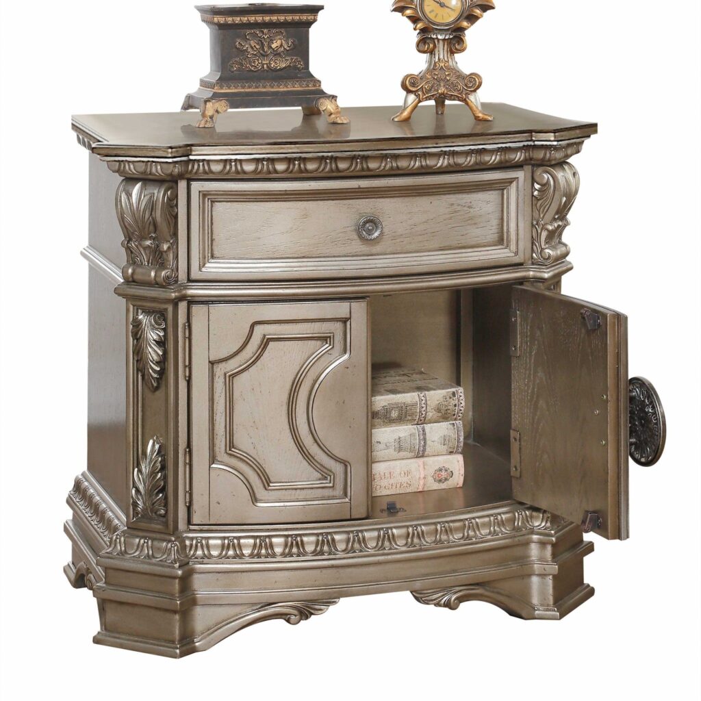 18′ X 30′ X 29′ Antique Champagne Wood Poly Resin Nightstand wWooden Top