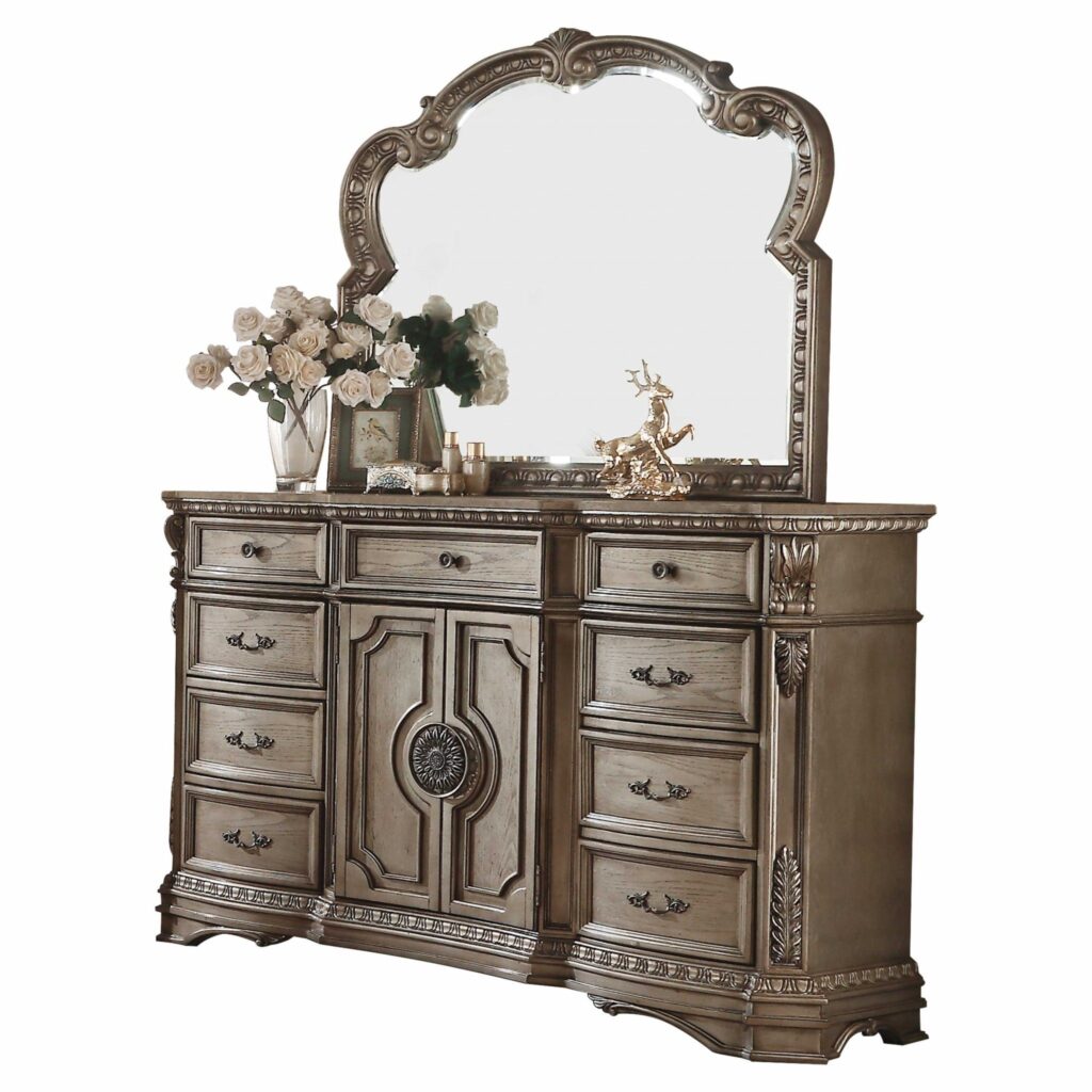18′ X 68′ X 42′ Antique Champagne Wood Poly Resin Dresser wWooden Top
