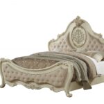 73′ X 89′ X 76′ Beige Linen Antique White Wood Upholstery Queen Bed