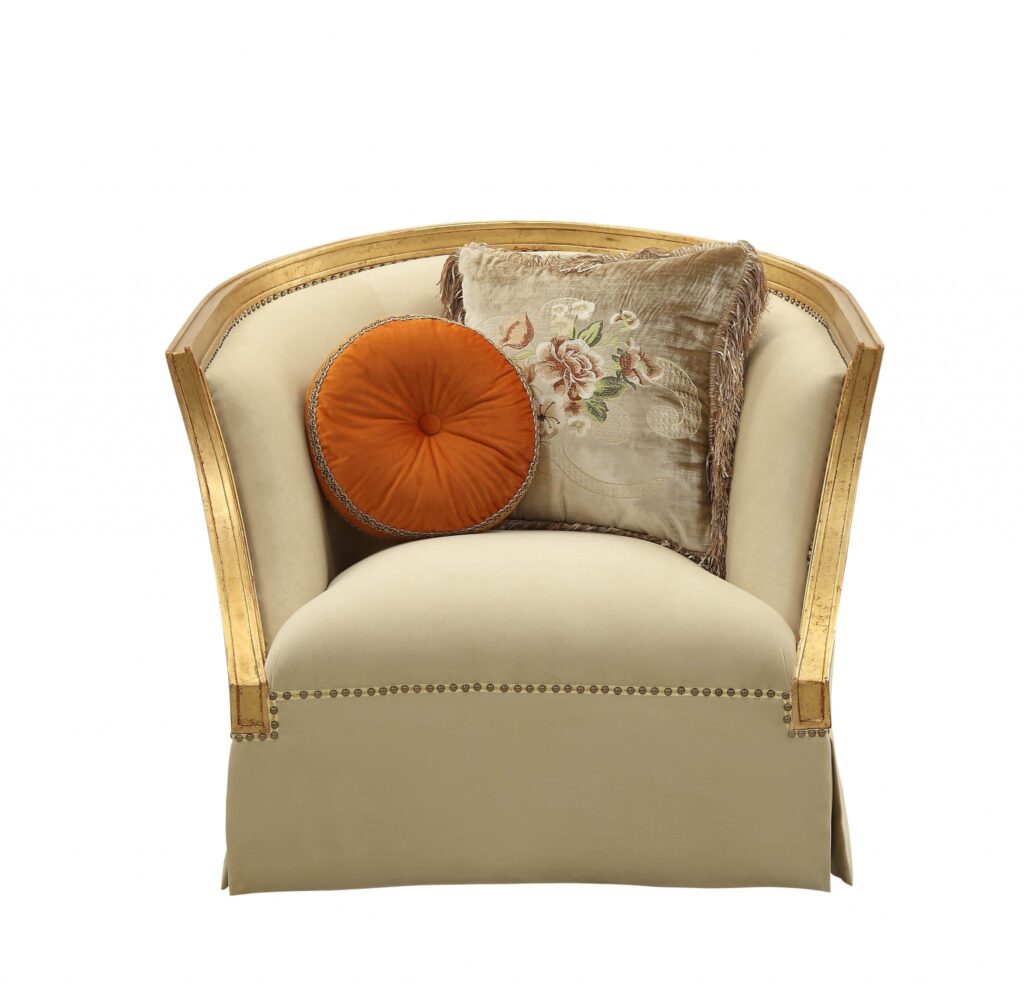 41′ X 42′ X 38′ Fabric Antique Gold Upholstery Wood LegTrim Chair w2 Pillows