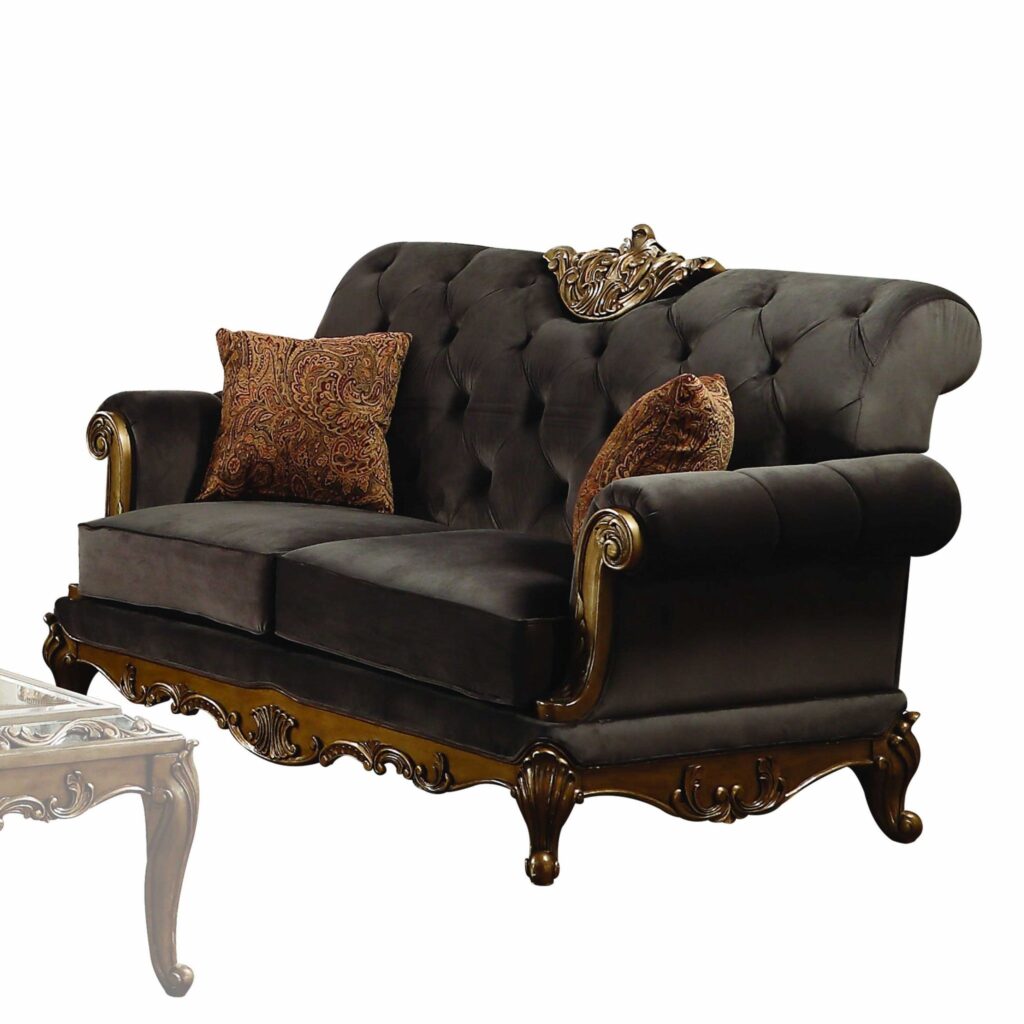 41′ X 69′ X 40′ Charcoal Fabric Antique Gold Upholstery Wood LegBase Loveseat w2 Pillows