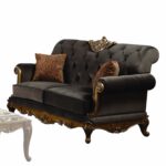 41′ X 69′ X 40′ Charcoal Fabric Antique Gold Upholstery Wood LegBase Loveseat w2 Pillows