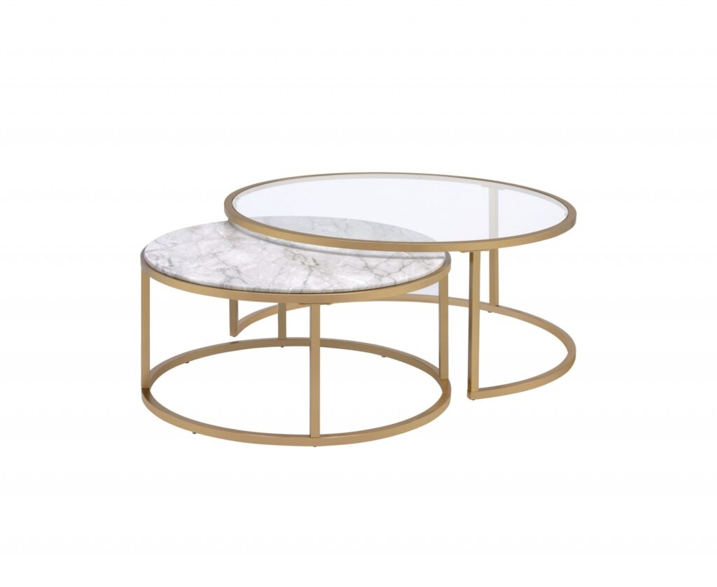 36′ X 36′ X 16′ Faux Marble Gold Metal Engineered Wood 2Pc Pk Nesting Table Set