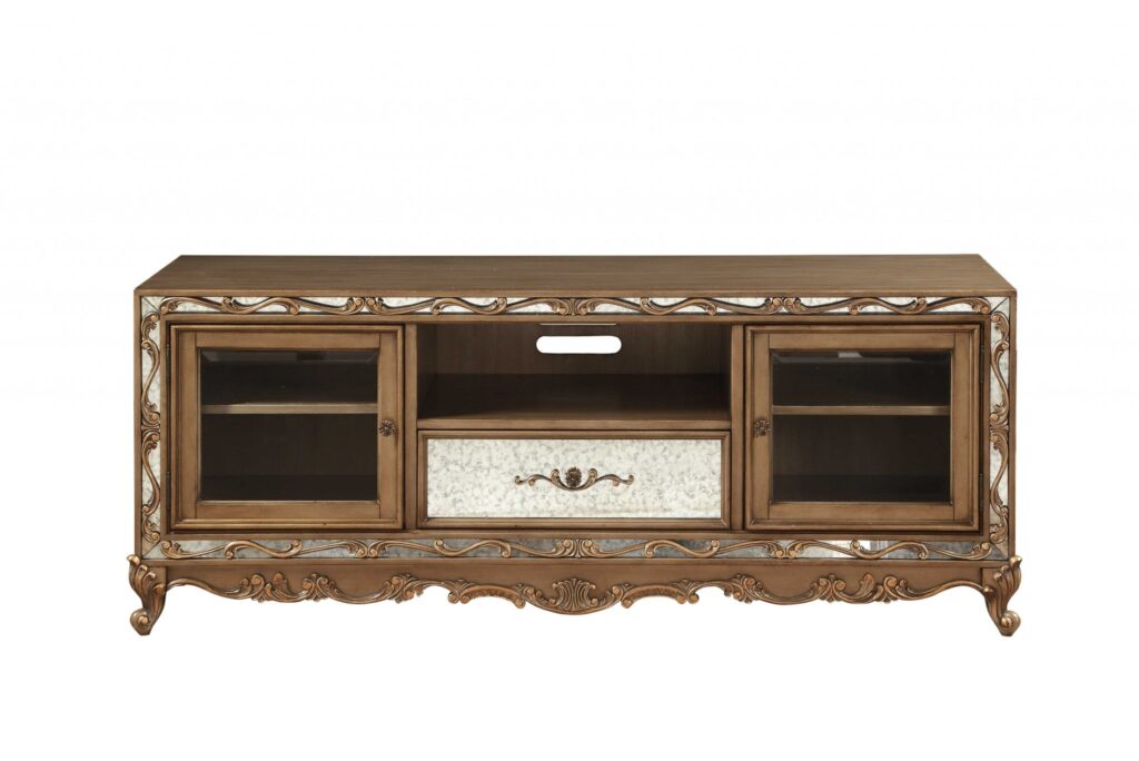 20′ X 72′ X 28′ Antique Gold Wood Glass Mirror TV Stand