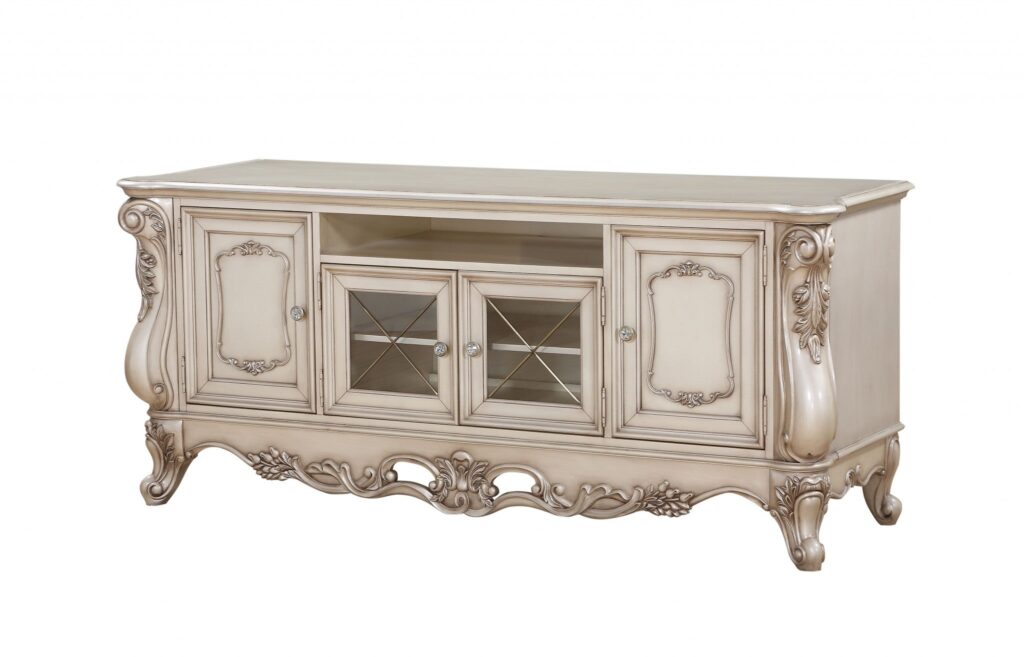 25′ X 74′ X 32′ Antique White Wood Glass Poly-Resin TV Stand