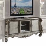 21′ X 74′ X 31′ Antique Platinum Wood Poly Resin Glass TV Console