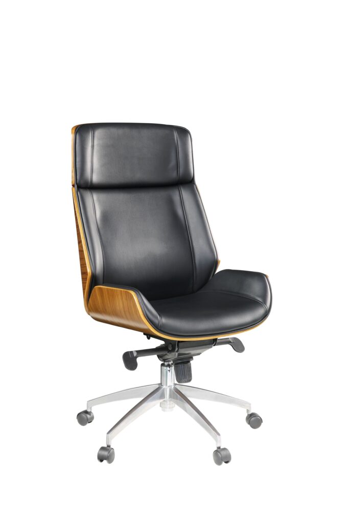 26′ X 23′ X 49′ Black Bonded Leather and Bentwood Frame Executive Office Chair with Solid Chrome Base and Caster Wheels