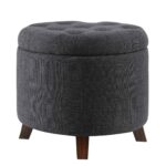 Dark Blue Linen Upholstered Storage Ottoman