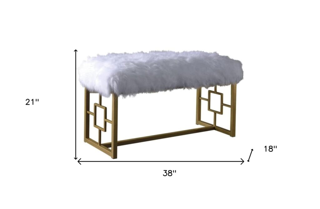 18′ X 38′ X 21′ White Faux Fur Gold Metal Upholstered (Seat) Bench