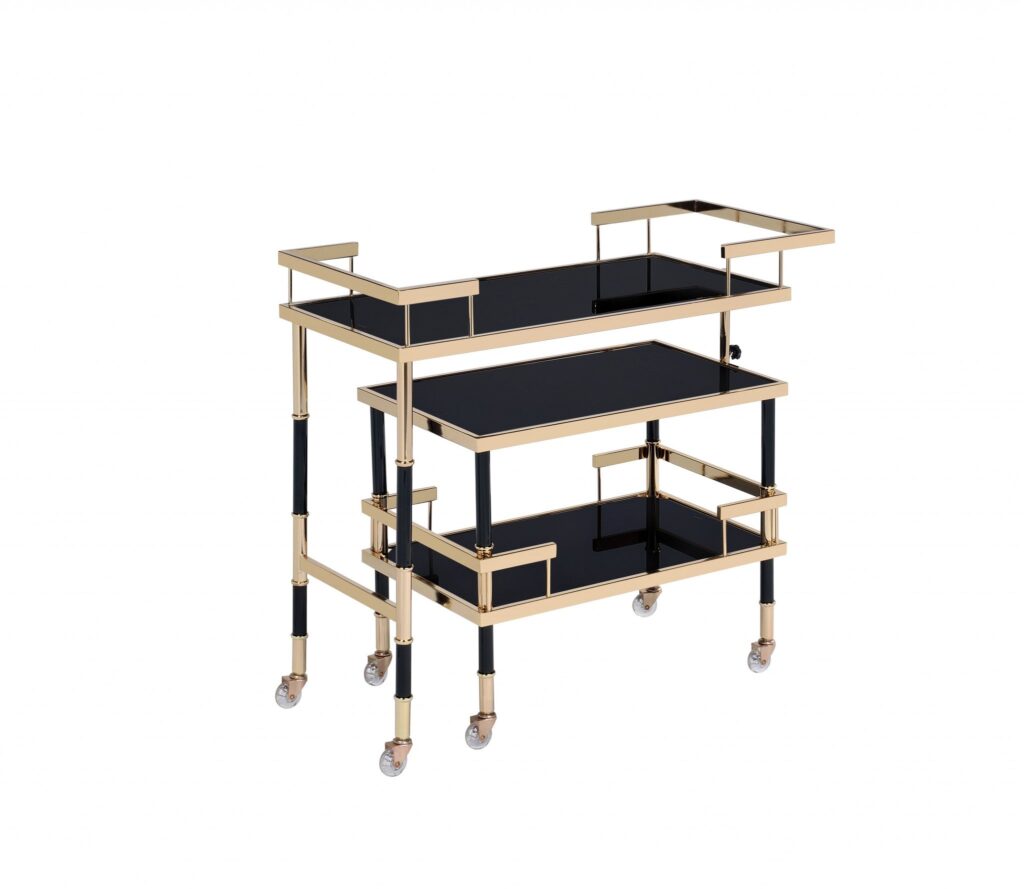 16′ X 36′ X 34′ Gold Black Smoky Glass Metal Casters Serving Cart