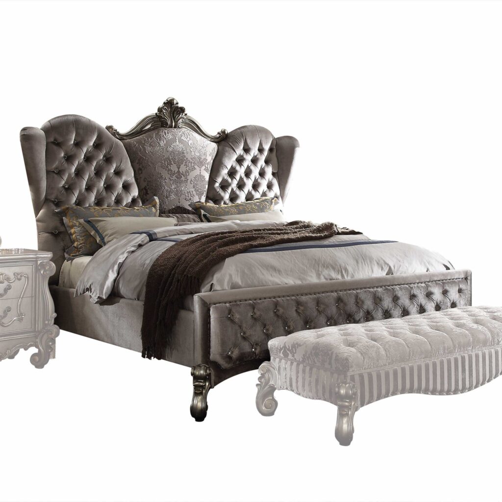 91′ X 96′ X 75′ Velvet Antique Platinum Upholstery Poly Resin Eastern King Bed