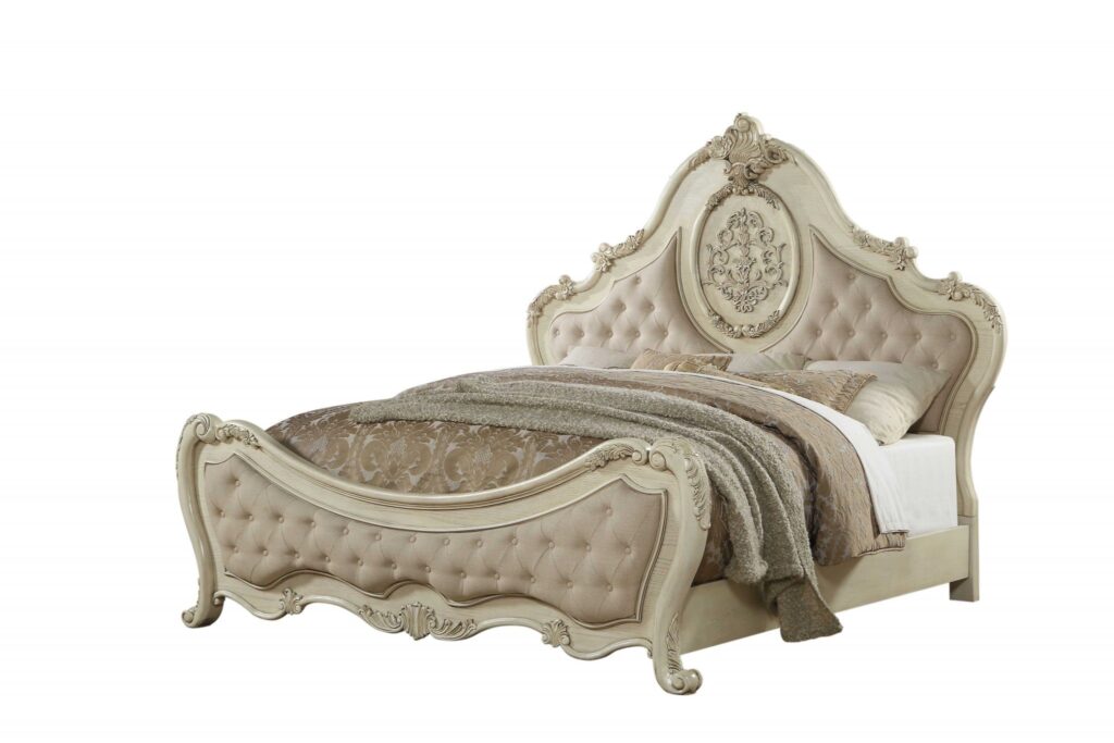 89′ X 93′ X 76′ Beige Linen Antique White Wood Upholstery California King Bed
