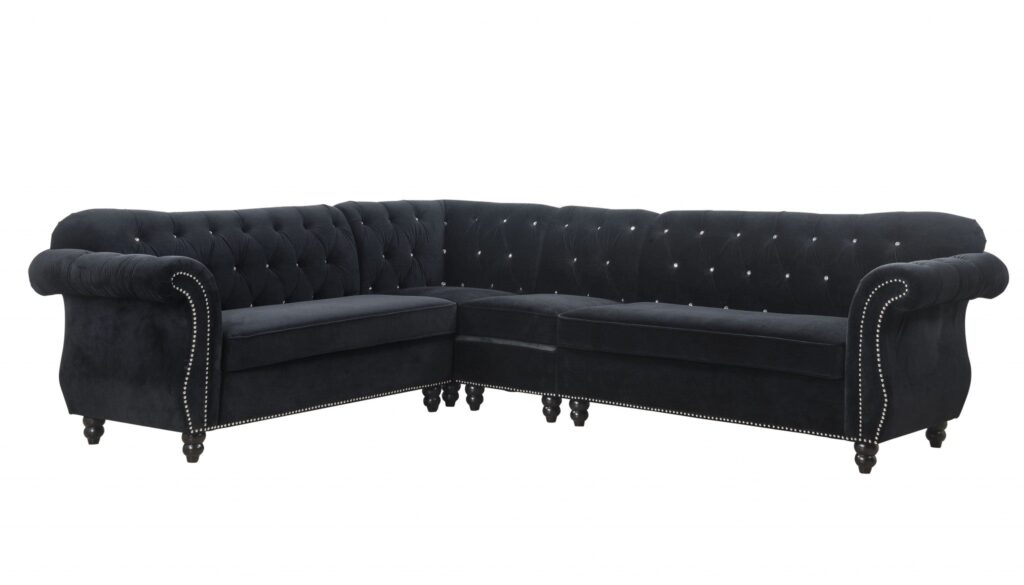 101′ X 124′ X 37′ Black Velvet Upholstery Wood Leg Sectional Sofa