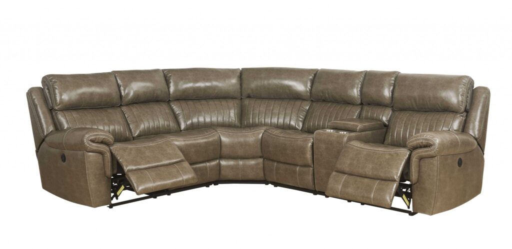 88′ X 101′ X 41′ Taupe Leather-Gel Upholstery Metal Reclining Mechanism Sectional Sofa (Power Motion)
