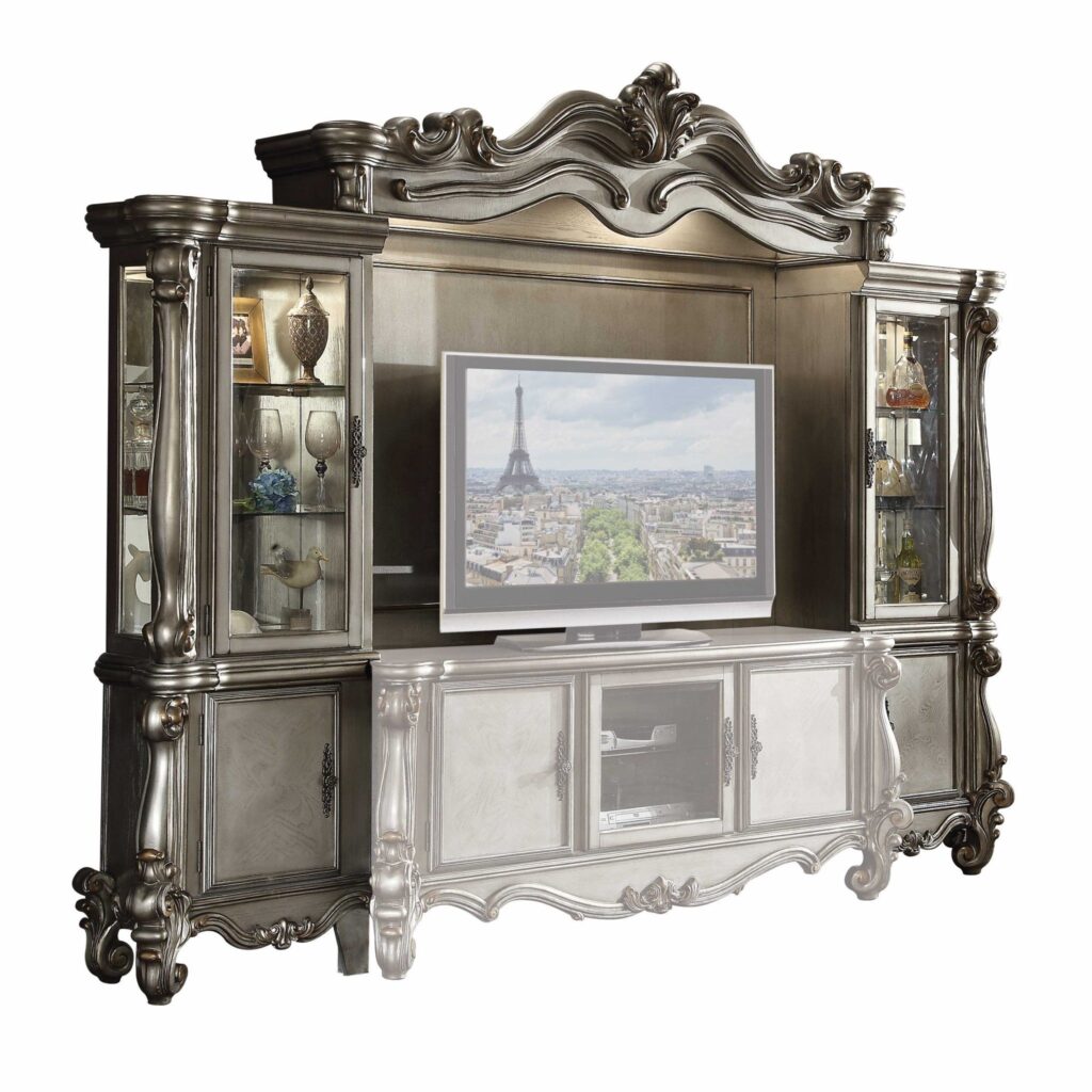 21′ X 118′ X 95′ Antique Platinum Wood Poly Resin Glass Entertainment Center