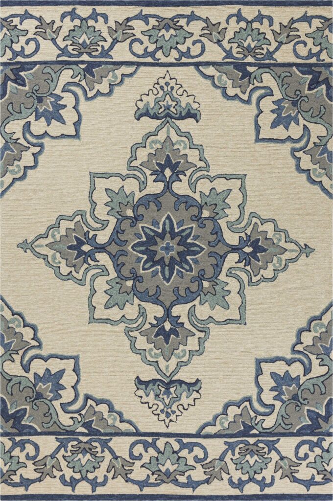 8’x10′ Ivory Blue Hand Hooked UV Treated Floral Medallion Indoor Outdoor Area Rug