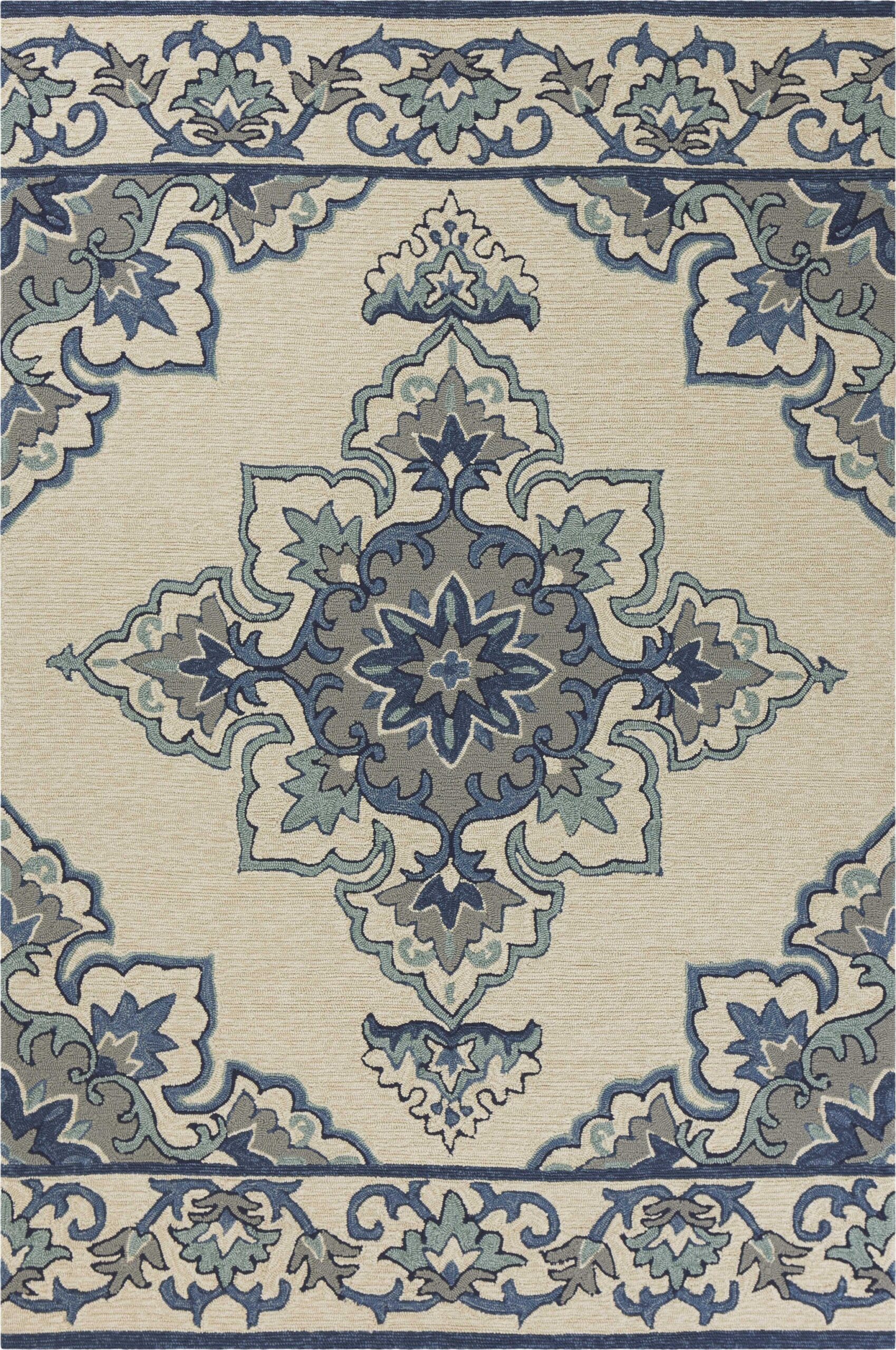 8'x10' Ivory Blue Hand Hooked UV Treated Floral Medallion Indoor Outdoor Area Rug