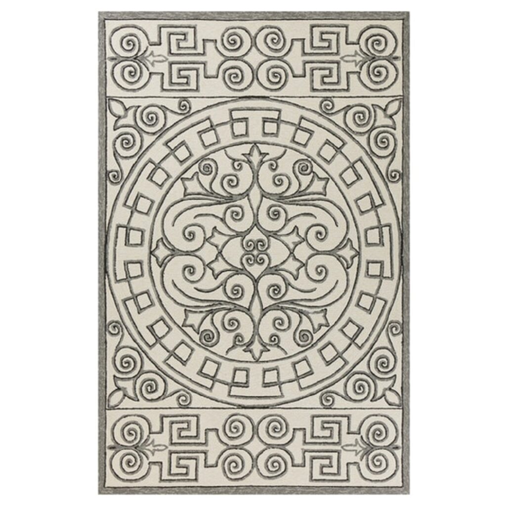 8’x10′ Ivory Grey Hand Woven UV Treated Greek Key Medallion Indoor Outdoor Area Rug