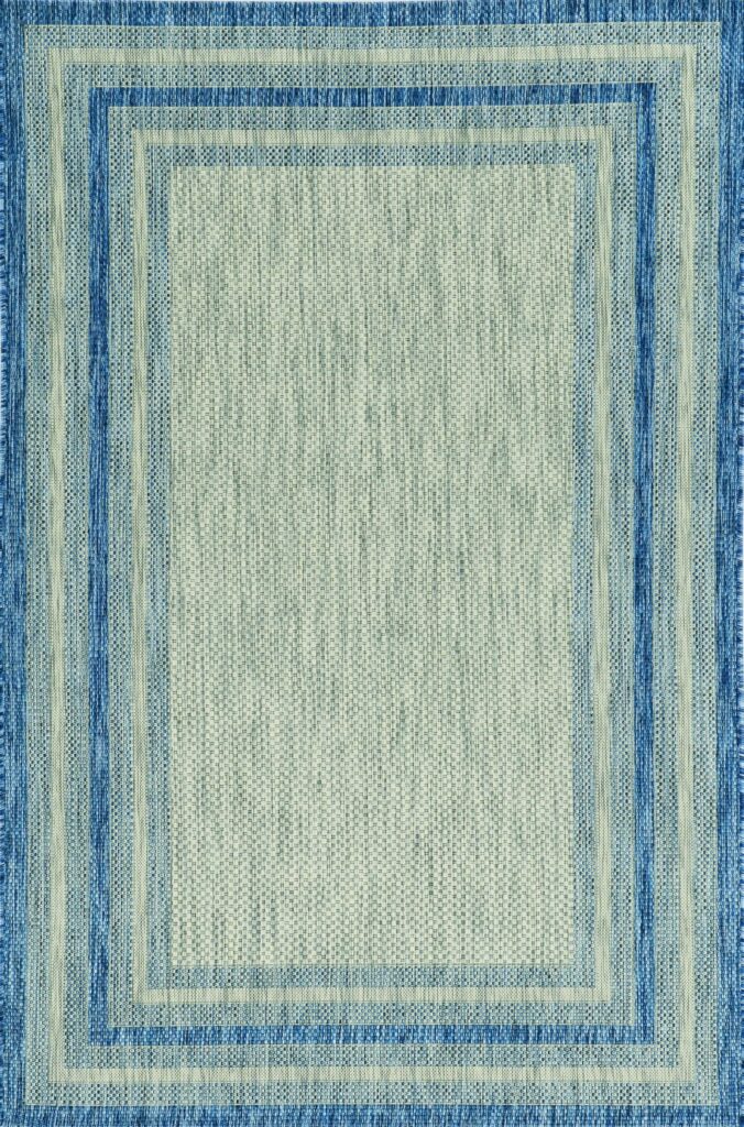 8’x11′ Grey Denim Machine Woven UV Treated Bordered Indoor Outdoor Area Rug
