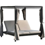 161.85″ X 71.37″ X 8.58″ Gray Outdoor Steel Metal Adjustable Day Bed with Canopy and Taupe Cushions