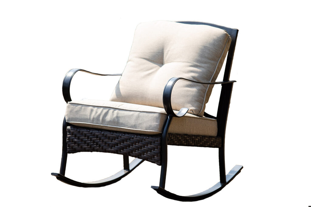 25″ X 33″ X 34″ Black Steel Patio Rocking Chair with Beige Cushions