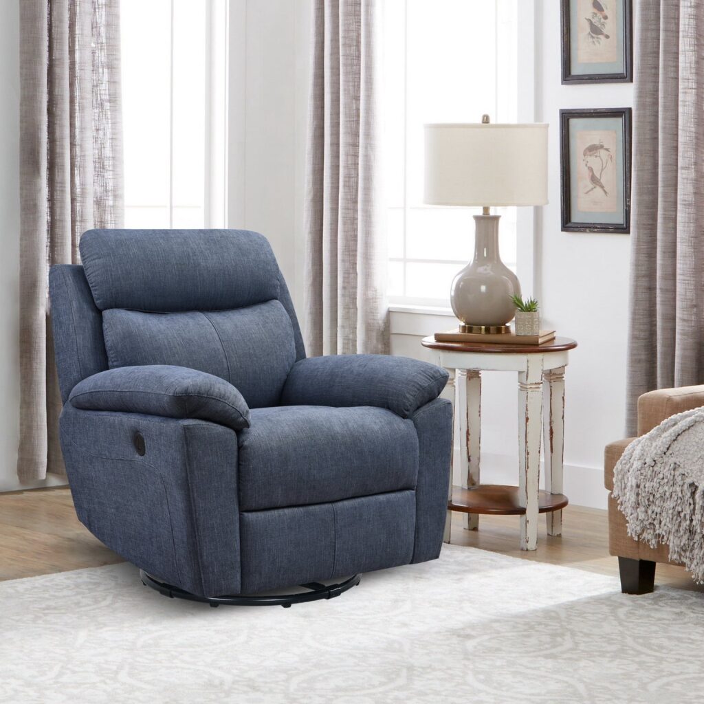 35.43″ X 39.37″ X 39.8″ Blue Fabric Glider & Swivel Power Recliner with USB port